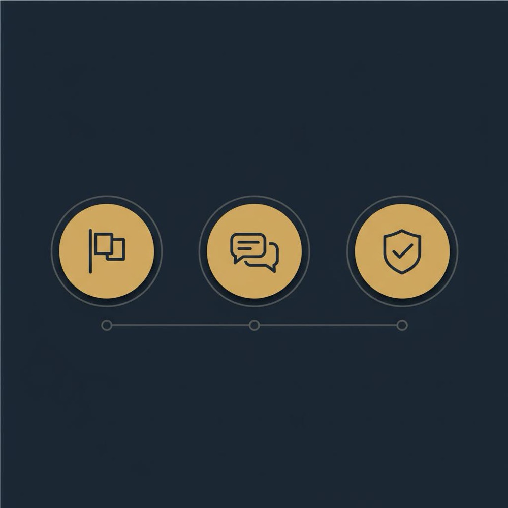 Minimal 2D vector infographic showing a 3-step flow (Flag, Respond, Resolve) to remove Google reviews on a navy background with gold icons and dark accents.