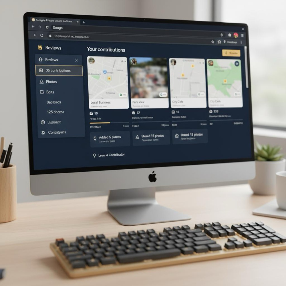 Close-up desktop browser on Google Maps 'Your contributions' page with keyboard in soft focus, navy #0B1E33 background and gold #C8A45D accents illustrating delete Google review history.