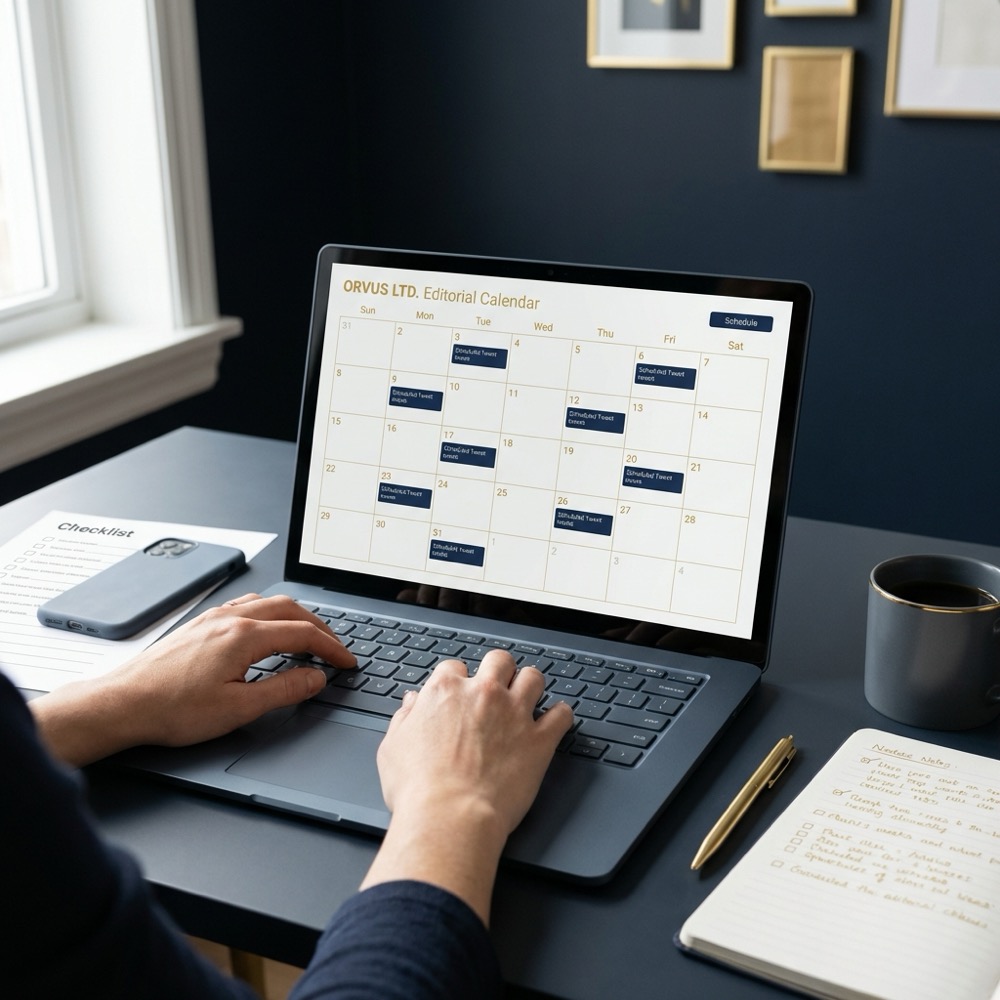 Person planning a Twitter editorial calendar on a laptop with notes and a printed checklist on a minimalist navy desk for twitter seo