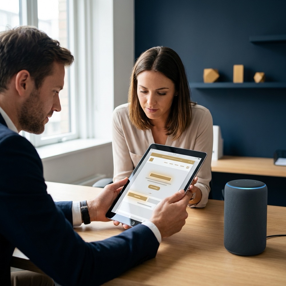 Developer and SEO specialist reviewing a mobile site on a tablet with a voice assistant device nearby for voice search seo testing in a minimalist navy office