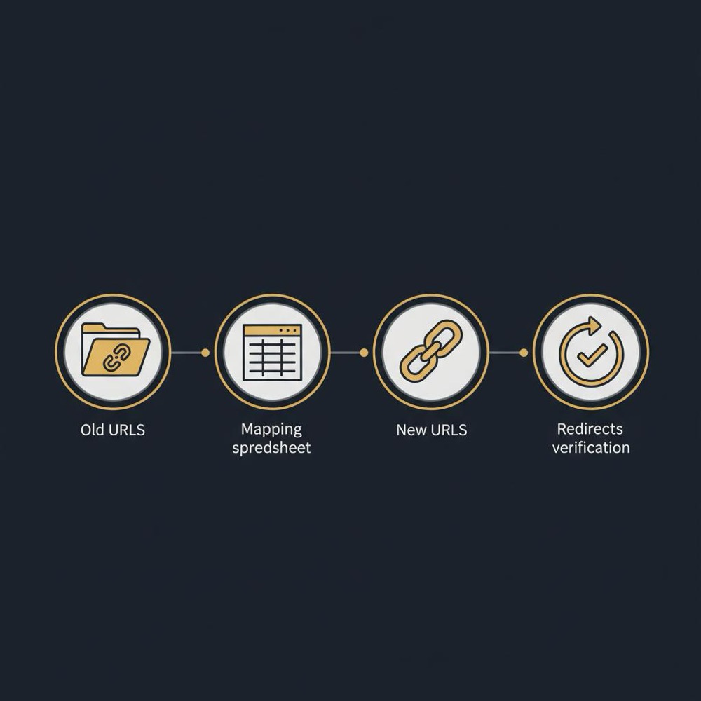 Minimal 2D vector infographic showing migration flow from old URLs to mapping spreadsheet to new URLs with redirects verification icons, Orvus Ltd palette, for shopify seo services.