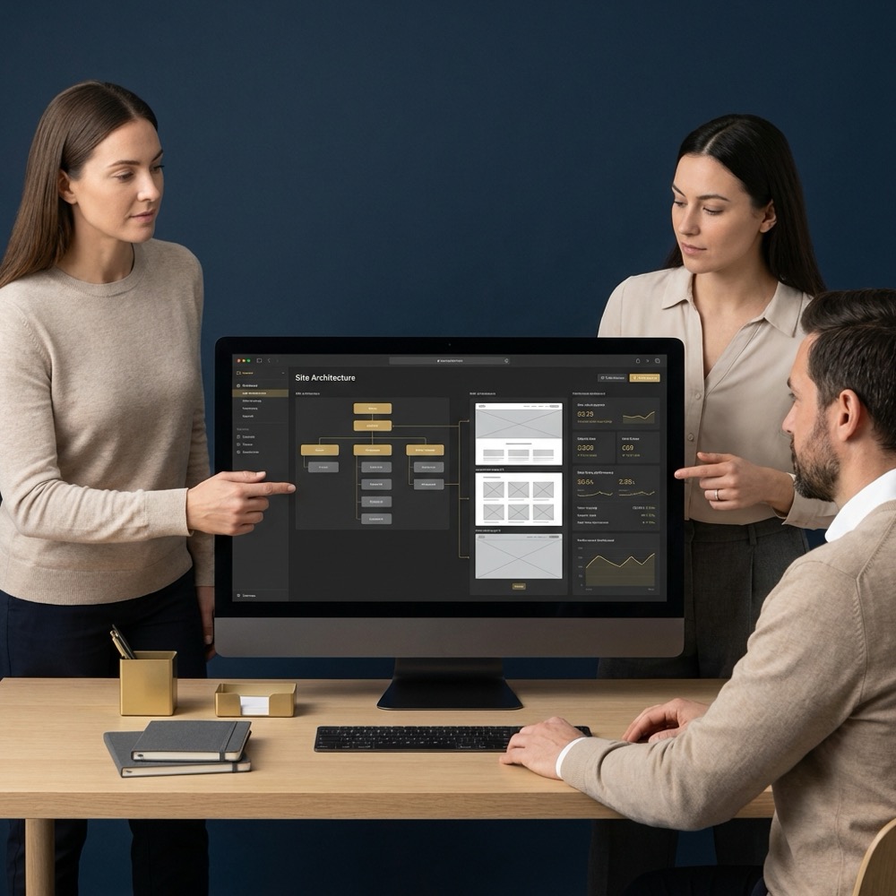 Team reviewing site architecture diagrams and dashboards on a monitor in a minimalist Orvus Ltd branded workspace for seo expert services