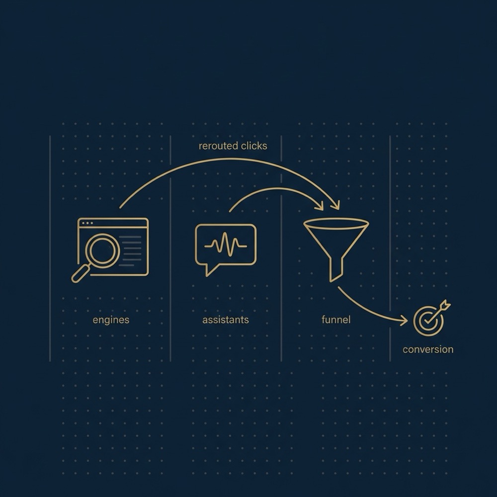Minimal 2D vector infographic with clean icons for search engines assistants and a funnel connected by arrows illustrating rerouted clicks and improving search engine ranking