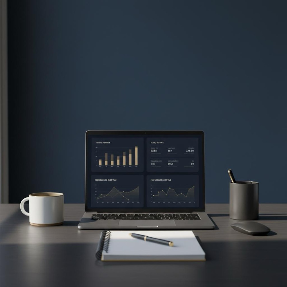 Minimalist workspace with laptop displaying an audit dashboard focused on the 3 C's of SEO, muted #C8A45D stationery accents, deep navy background #0B1E33, natural daylight.