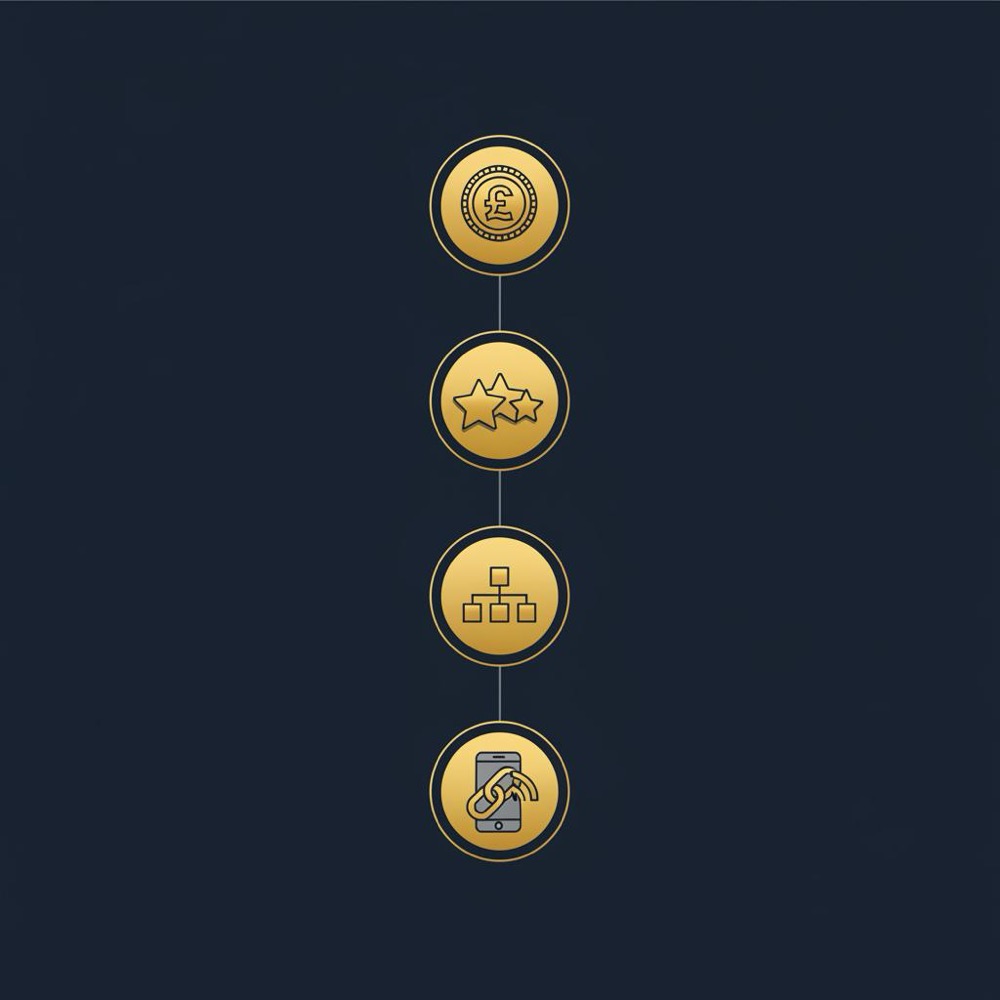 Minimal 2D vector infographic showing five local SEO steps-GBP, reviews, schema, mobile speed, local links-on a dark navy background for local SEO on Google.