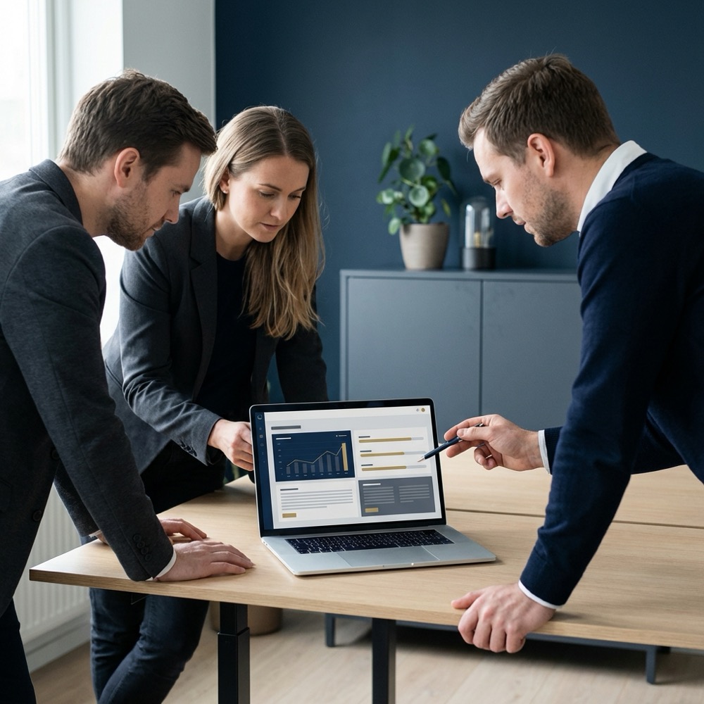 Small team reviewing a site audit on a laptop in a minimalist modern office for seo web design company with navy background and warm gold accents