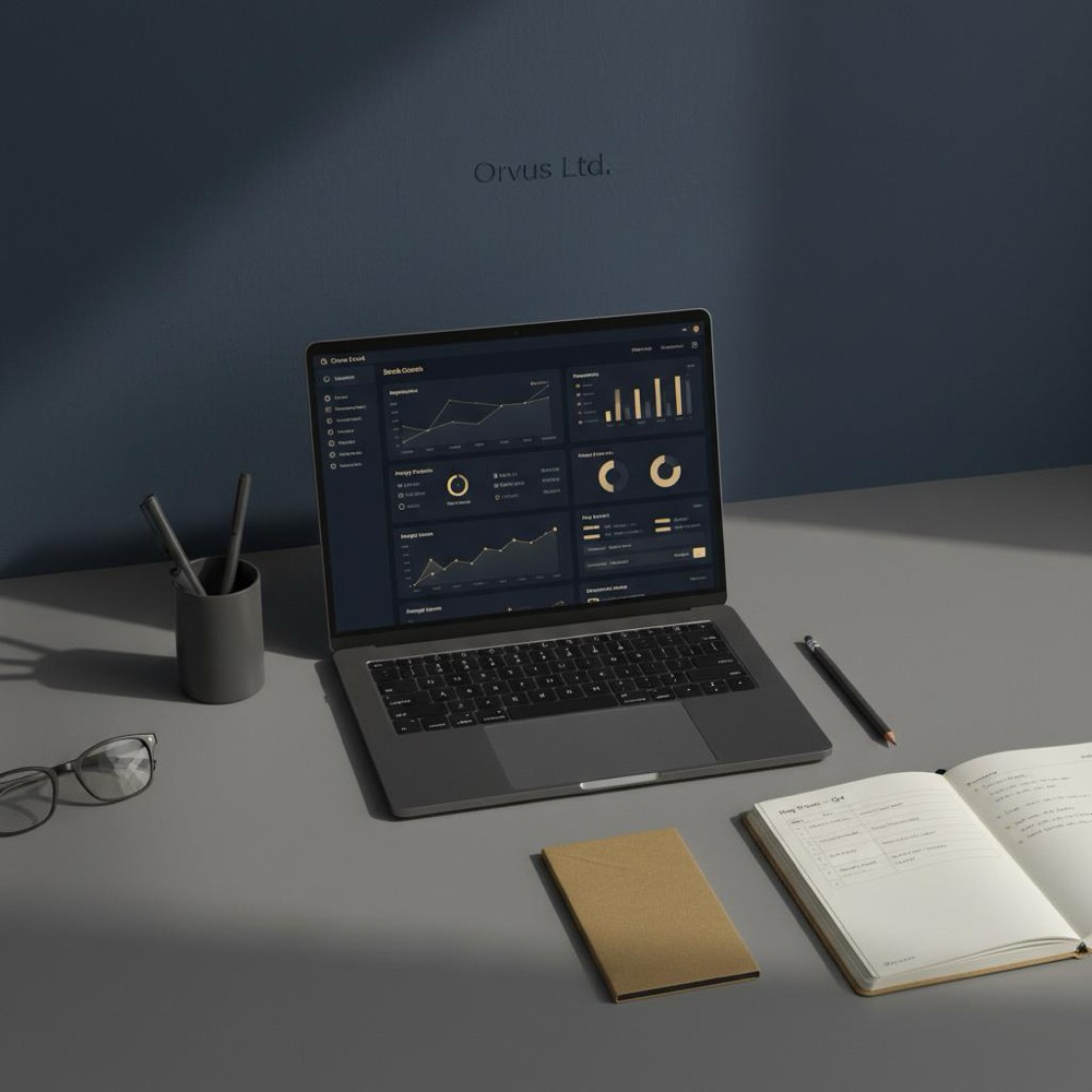 Minimalist workstation with laptop showing search console dashboard and a notebook with content calendar notes, subtle Orvus Ltd. color accents for SEO business.