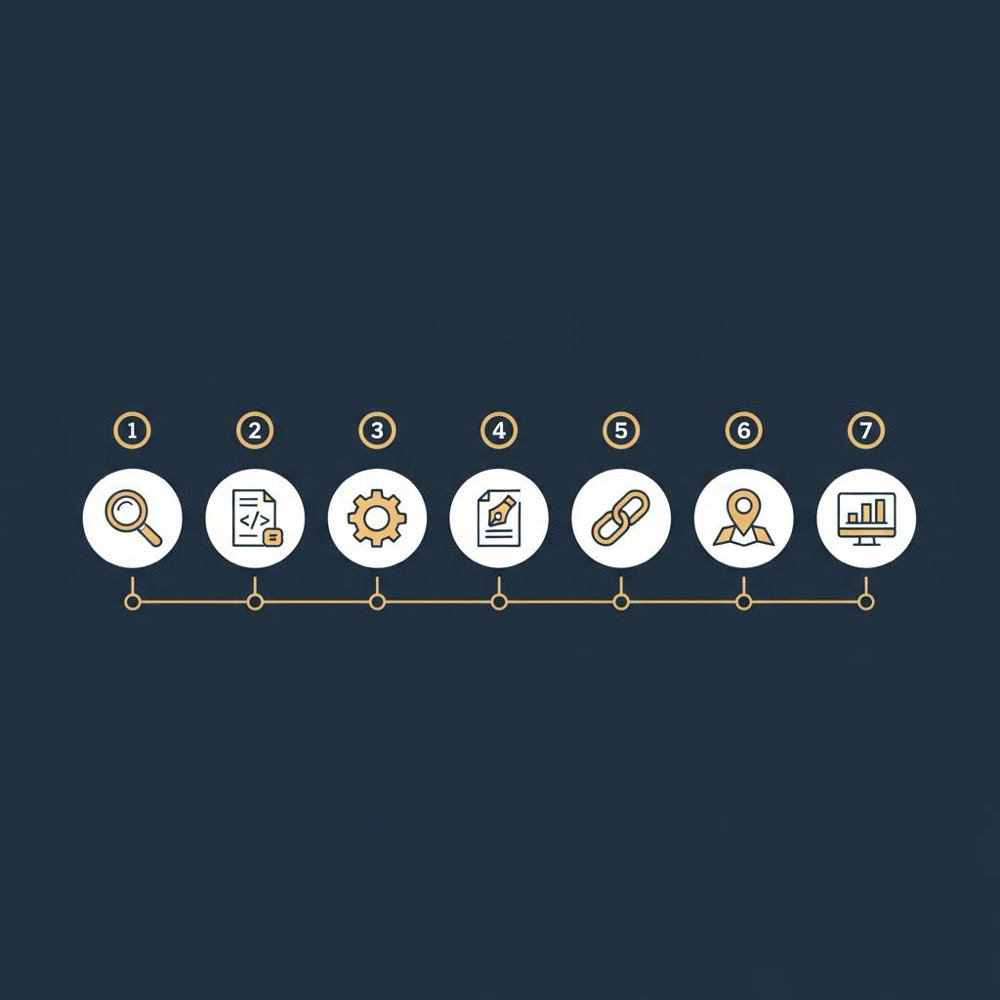 Minimal 2D vector infographic showing a 7-step roadmap for implementing white hat SEO with numbered icons on navy #0B1E33 using Orvus Ltd. colors.