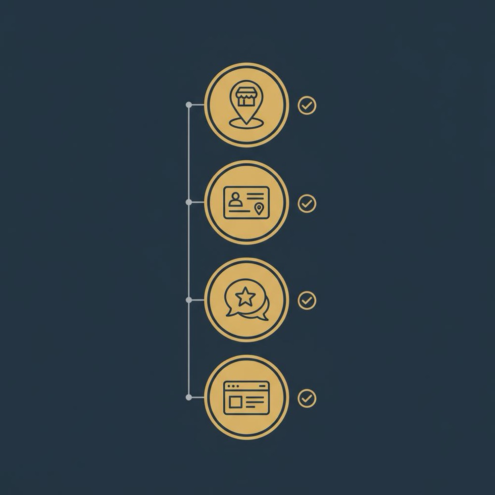 Minimal flat vector infographic for local SEO: four icon checkboxes representing Google Business Profile, NAP, Reviews, and On-page on dark navy #0B1E33 with gold icons #C8A45D.