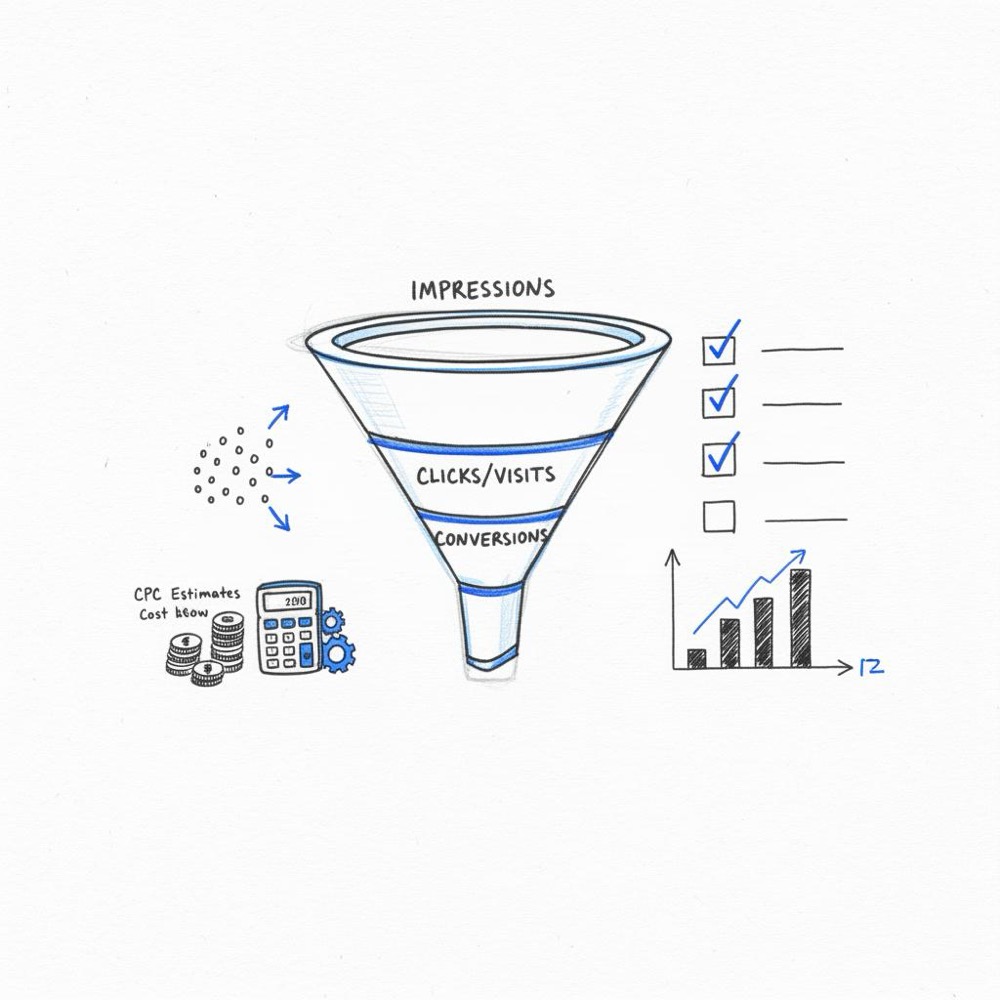 Notebook-style hand-drawn sketch of a marketing funnel, checklist, clicks and CPC visuals illustrating cost to advertise online in a minimalist Agency Visible palette