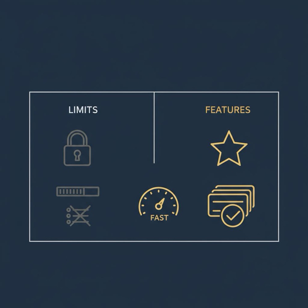 Minimal 2D vector infographic comparing platform limits and features using icons and Orvus brand colors for google sites seo