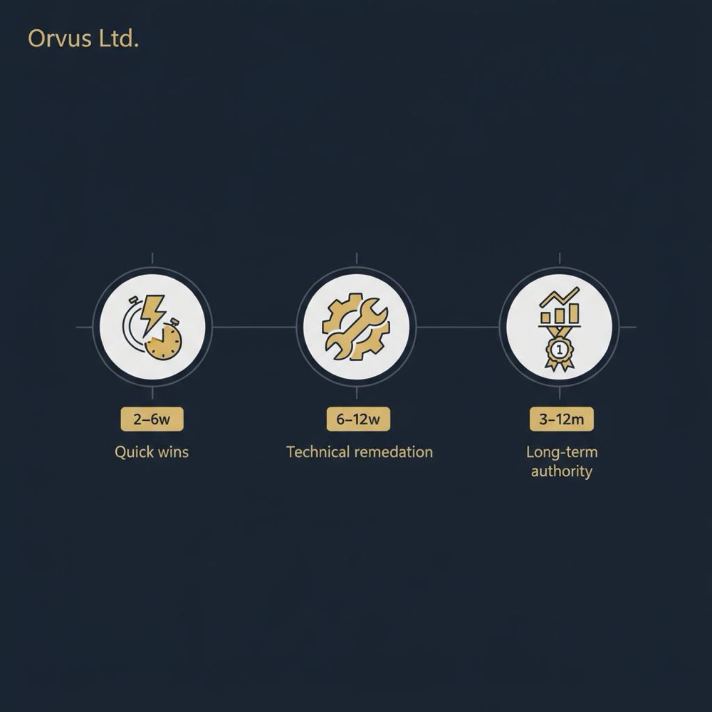 Minimal 2D vector timeline infographic with three icons and durations (2-6w, 6-12w, 3-12m) on dark navy background - How do I be on top of Google search?