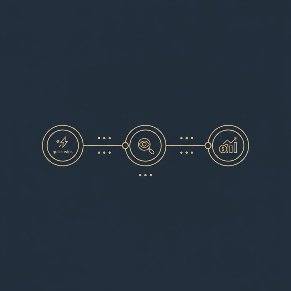 Minimal 2D vector timeline infographic showing three icons for quick wins, visibility growth and revenue uplift, illustrating what does an seo company do