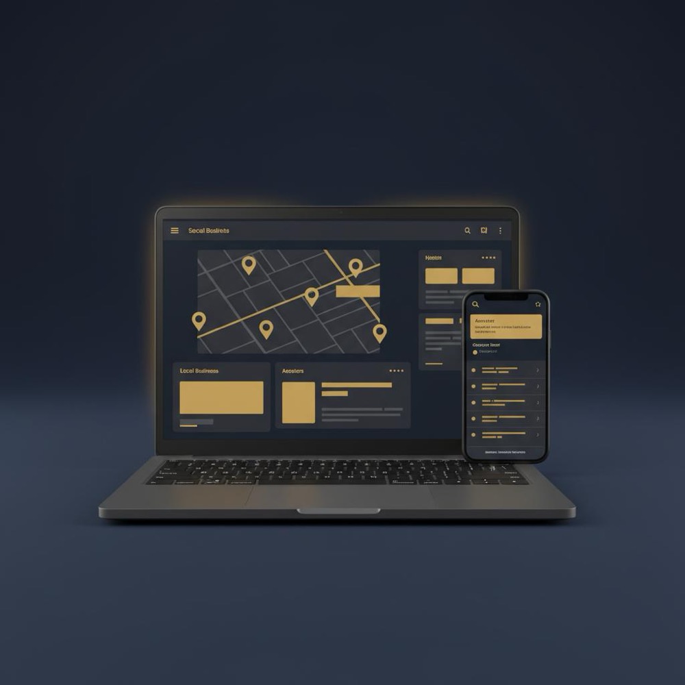 Laptop and smartphone side-by-side showing map pack, list results and an answer box layout on a #0B1E33 background, illustrating most used search engines 2025