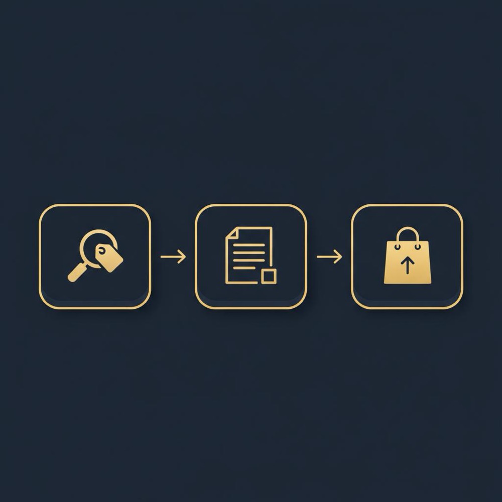 Minimal 2D vector three-step infographic showing keyword to listing fields to conversion with icons on dark navy background and gold accents for Etsy SEO
