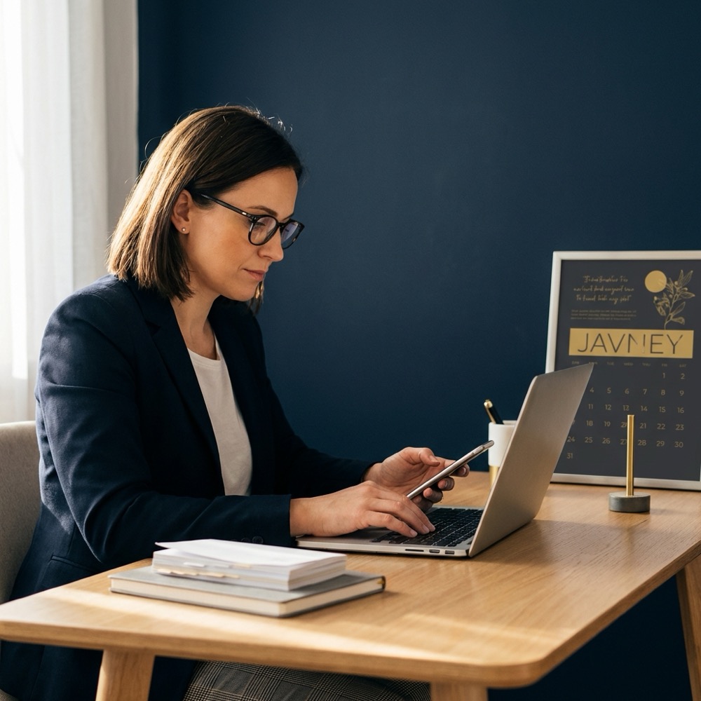 seo blogging blogger at a minimalist desk using a laptop and smartphone with paper notes and a wall calendar on a deep navy background