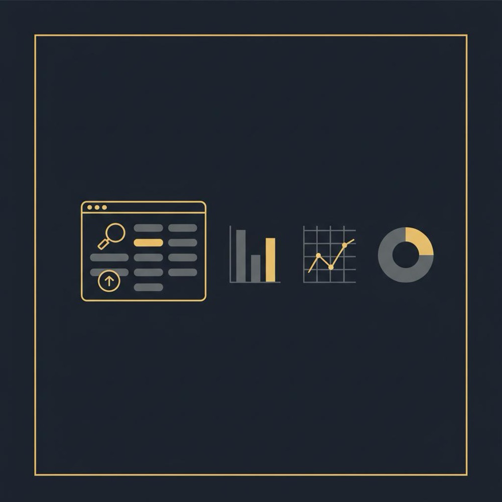 Minimal 2D vector infographic showing a compact SERP analyzer view with bar, line and pie microcharts and icons on dark navy background with gold accents for Surfer SEO.