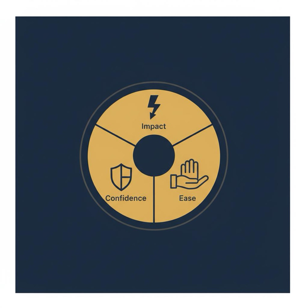 Minimal 2D vector Impact-Confidence-Ease scoring wheel on navy background with three segments in #C8A45D and accents #2E3237, no text - best keywords for SEO