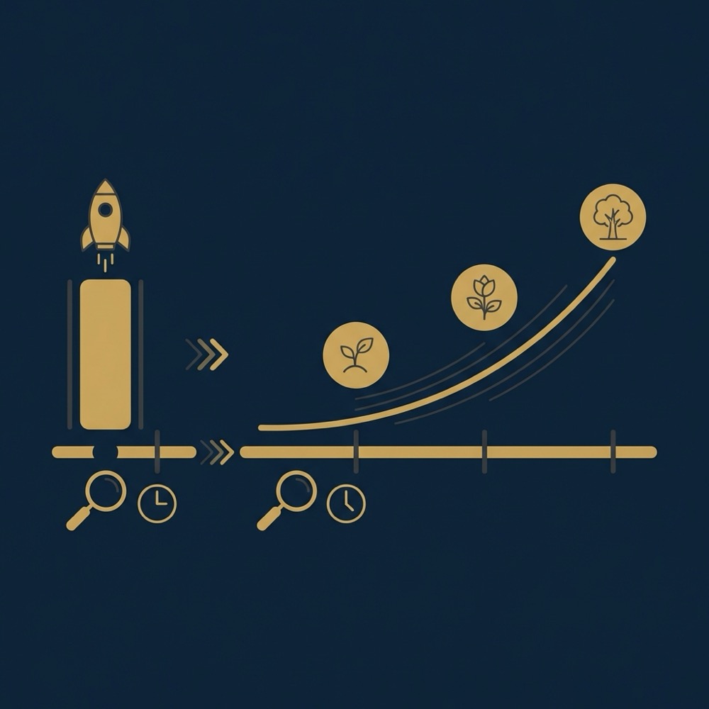 Minimal vector infographic showing paid search immediate placement versus organic search engine optimization gradual growth timeline in Orvus Ltd brand colors