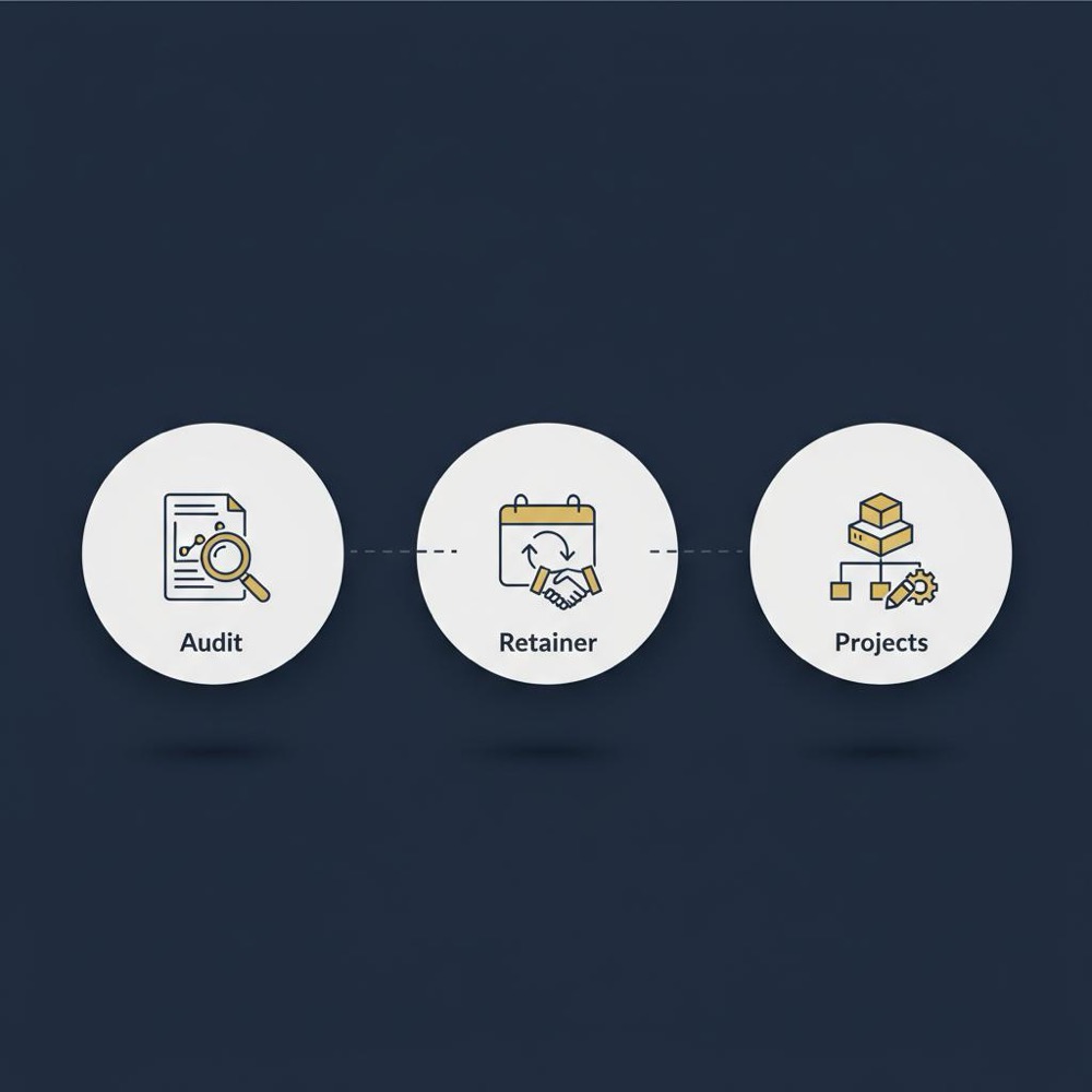 Minimal 2D vector infographic on navy background showing three budget buckets (audit, retainer, projects) with Orvus colors, illustrating what is a good budget for SEO?