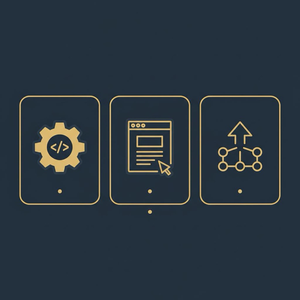 Minimal 2D vector infographic showing three pillars of search optimization - technical foundations, on-page content, and off-page authority in Orvus Ltd brand colors
