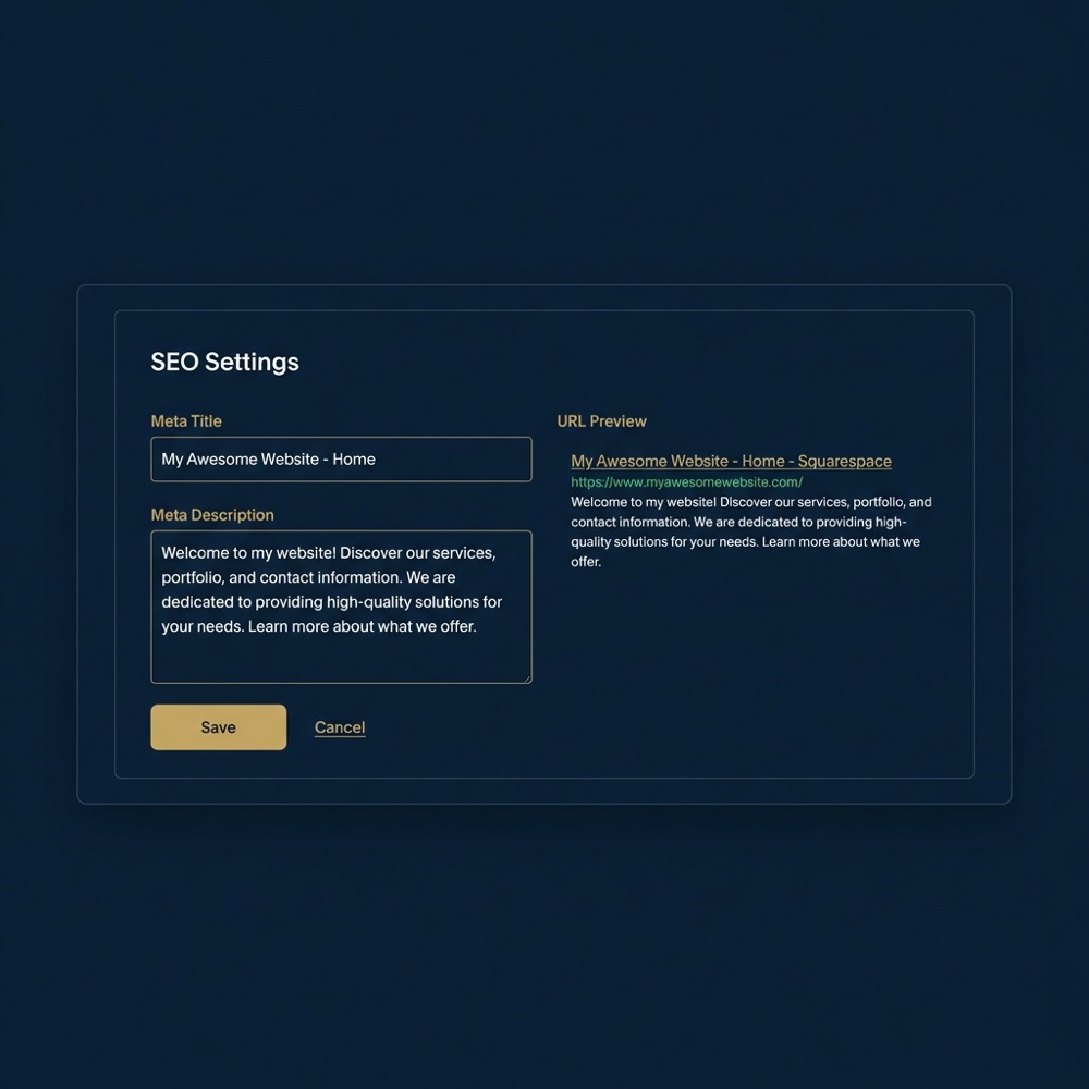 Screenshot of Squarespace editor showing SEO fields meta title and meta description with search preview on a navy branded interface squarespace seo