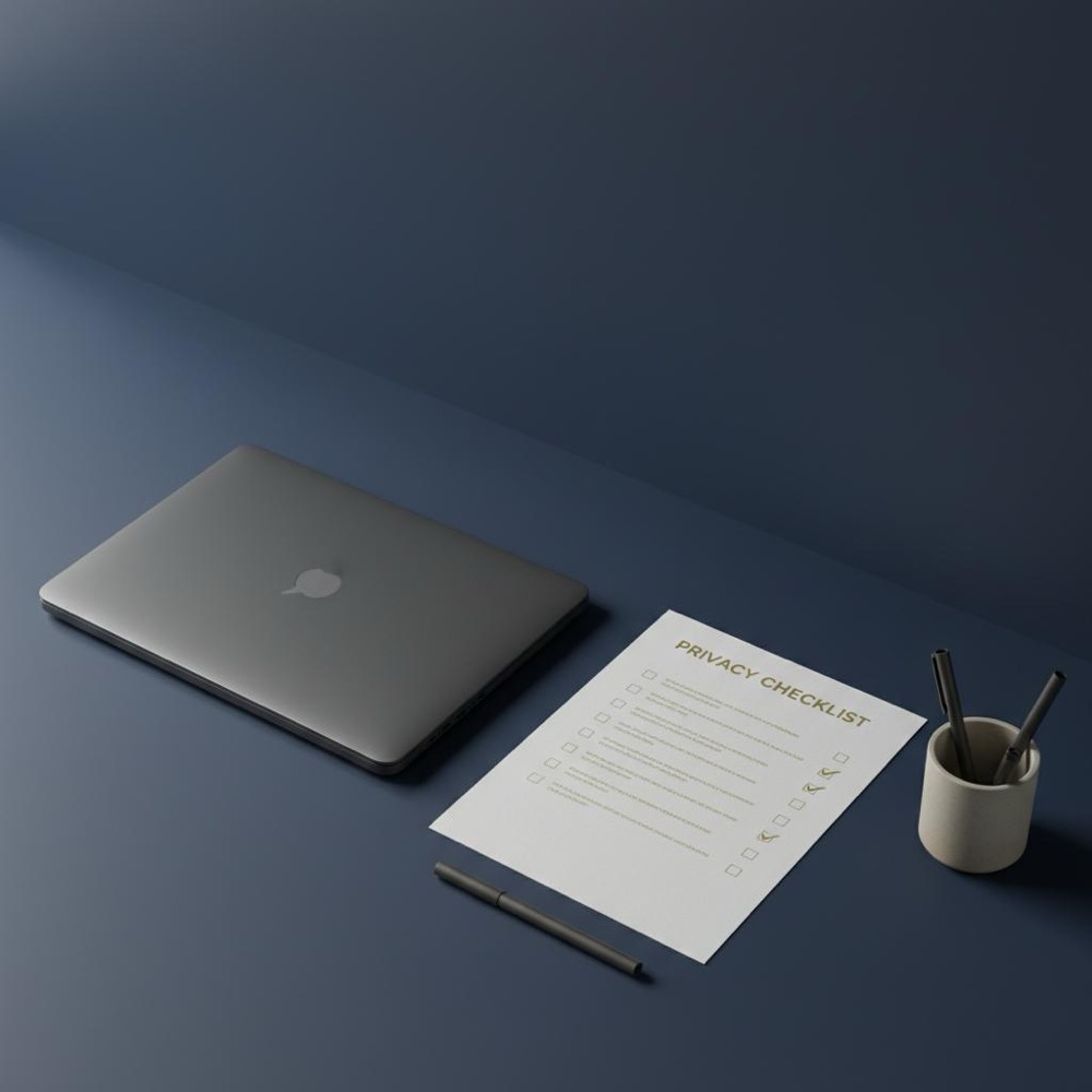 Tidy small-business workspace with closed laptop and paper privacy checklist on navy background, subtle Orvus Ltd. gold accents - emphasis on data privacy.