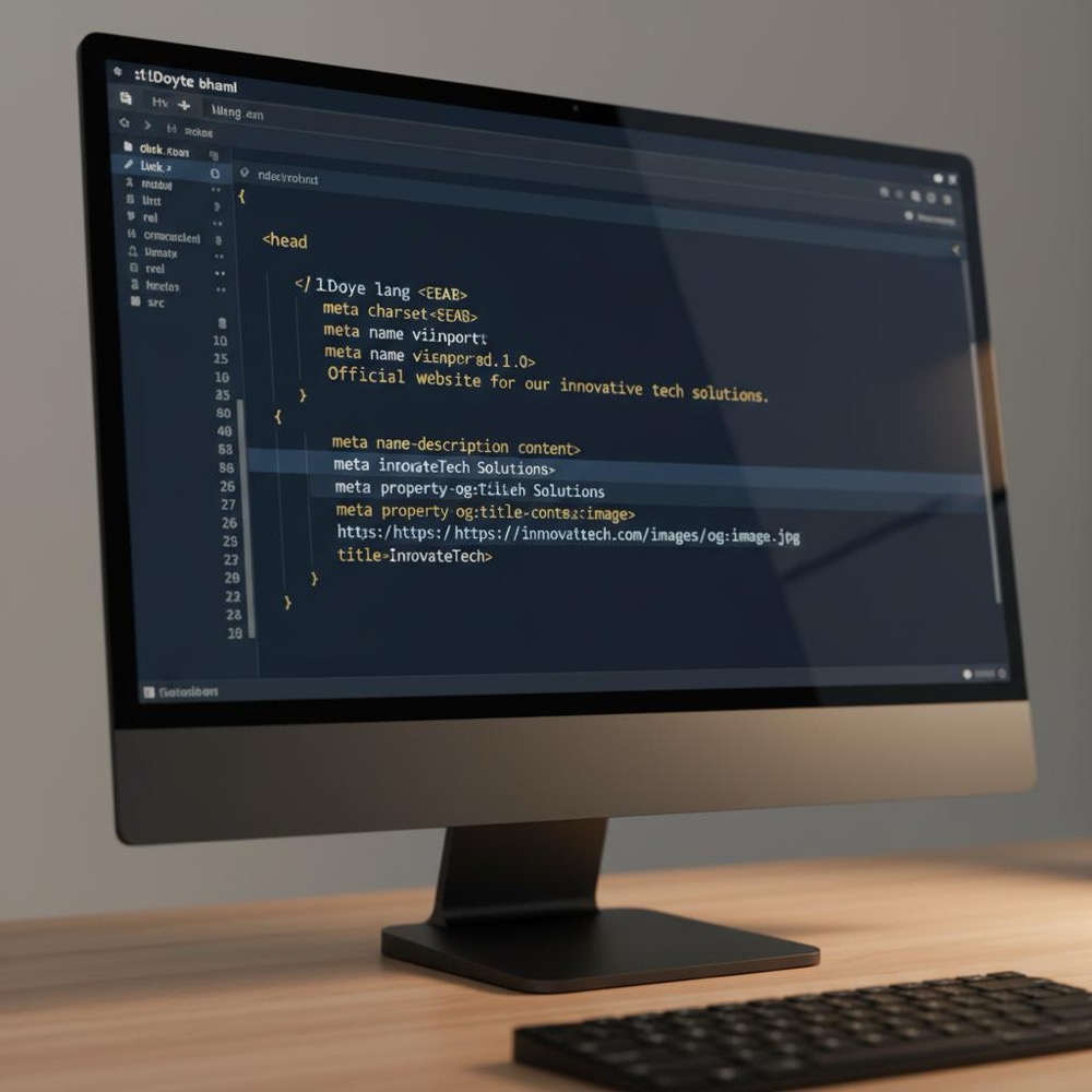 Close-up of a developer monitor displaying an HTML head with visible meta tags (charset, viewport, description, og) in warm light, deep navy background and gold accents, minimalist