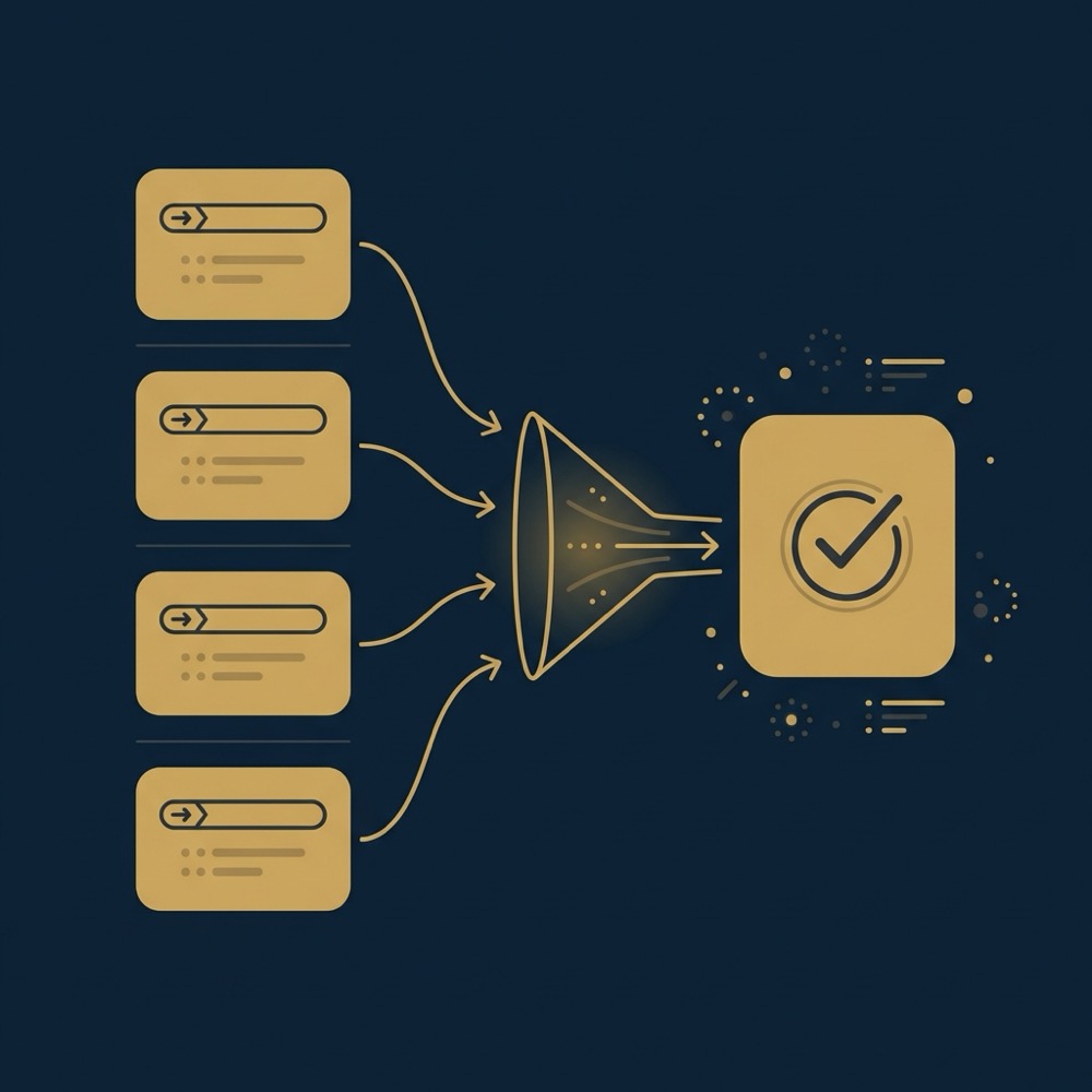 Minimal 2D vector infographic showing multiple duplicate URL cards funneling into a single canonical card to illustrate canonicalization seo on a dark blue Orvus Ltd brand background