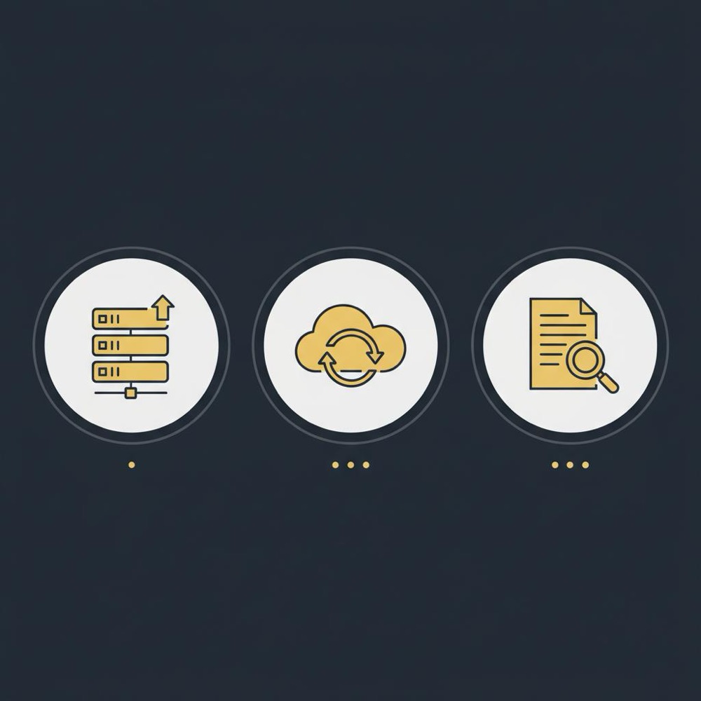 Minimal 2D vector infographic showing three icons for staging, backup, and audit on a dark blue Orvus palette background - best Yoast alternative