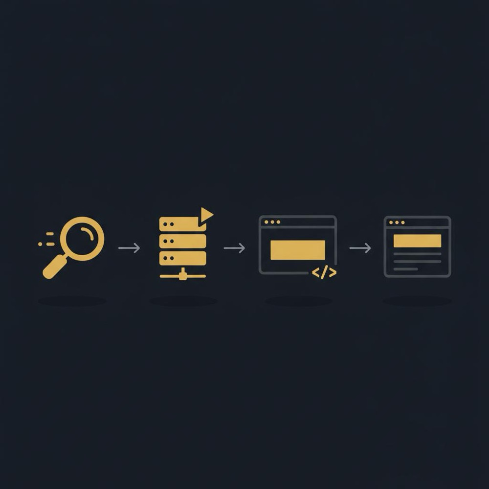 Minimal vector infographic showing crawler to server/edge to rendered HTML to search results flow for an SEO developer, icons-only on deep blue background.