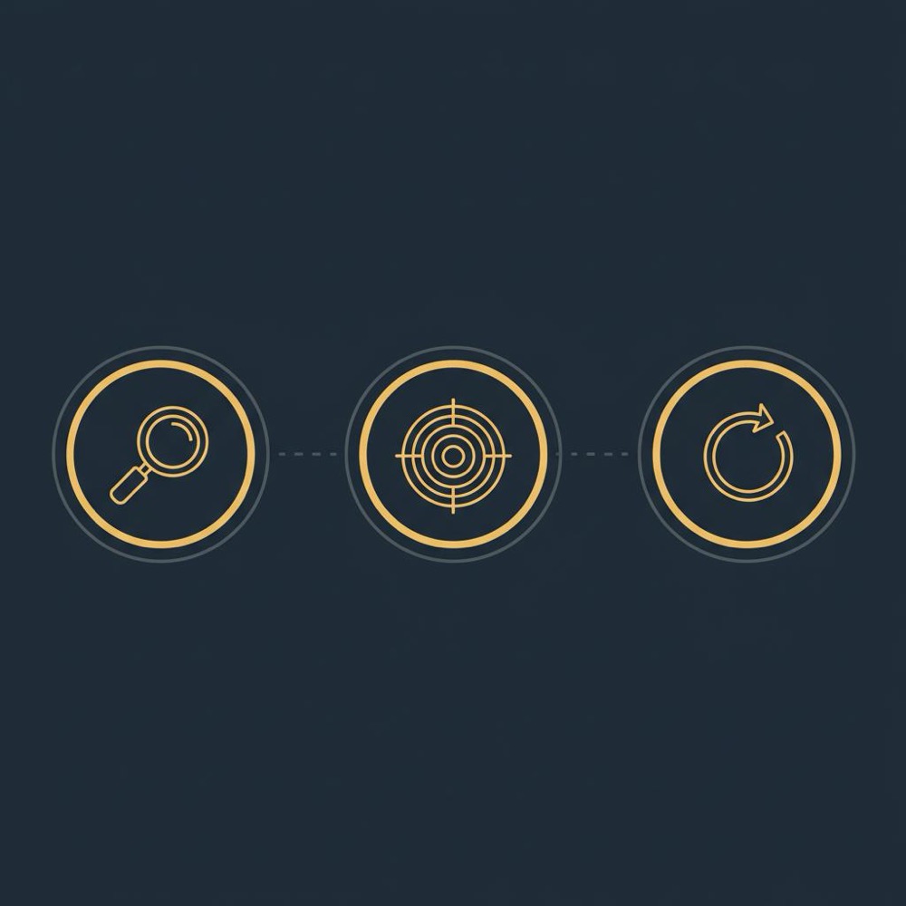 Horizontal three-step vector infographic with magnifying glass, target, and circular-arrow icons on dark blue background for seo optimer