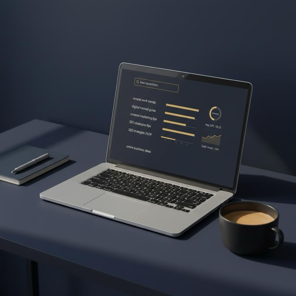 Minimalist workspace with laptop displaying a keyword research tool and a coffee cup, warm lighting, clean desk, Orvus Ltd. colors #0B1E33 and #C8A45D.