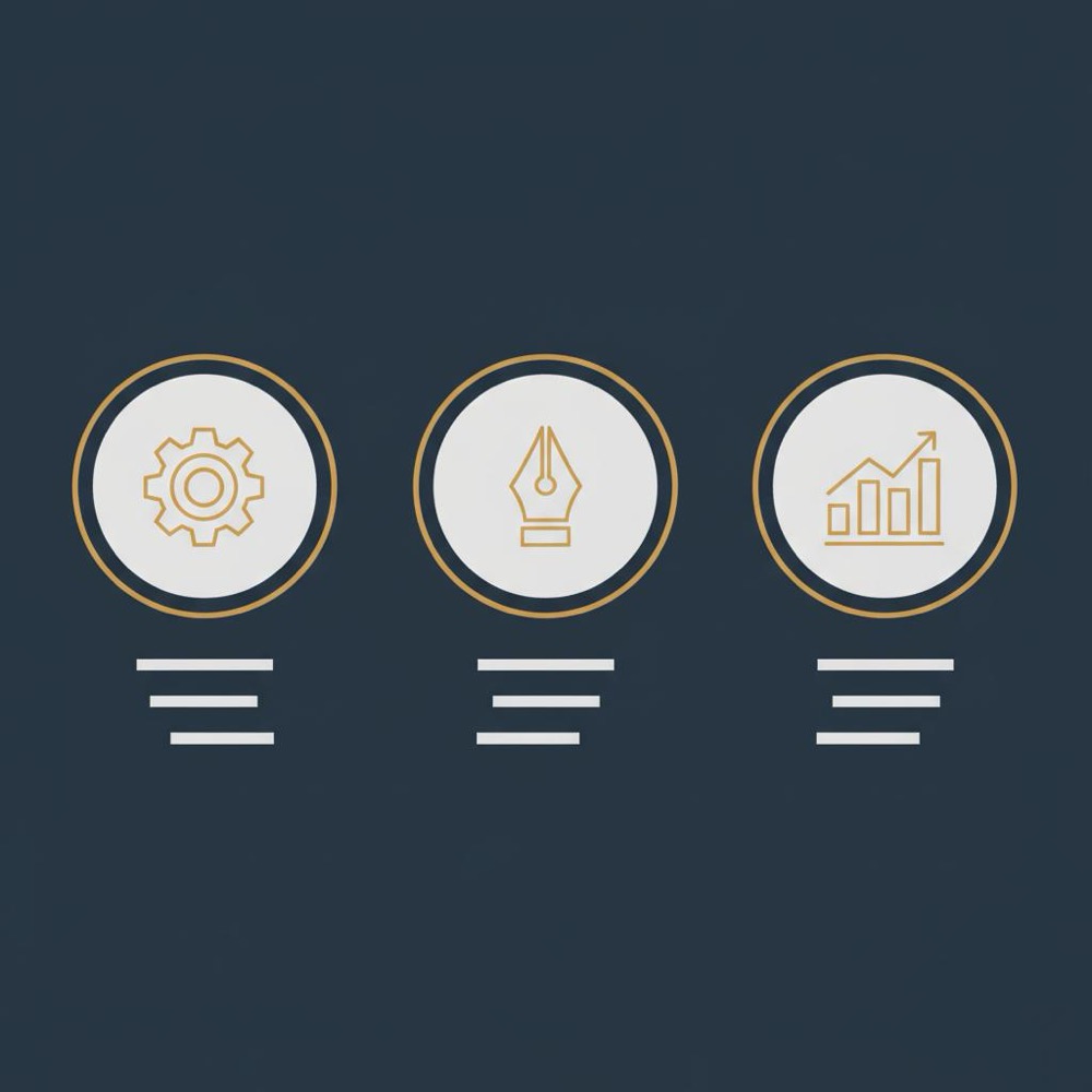 Minimal 2D vector infographic with three icons (cog, pen, ascending graph) representing tech, content and analytics on dark #0B1E33 background, is it hard to become an SEO
