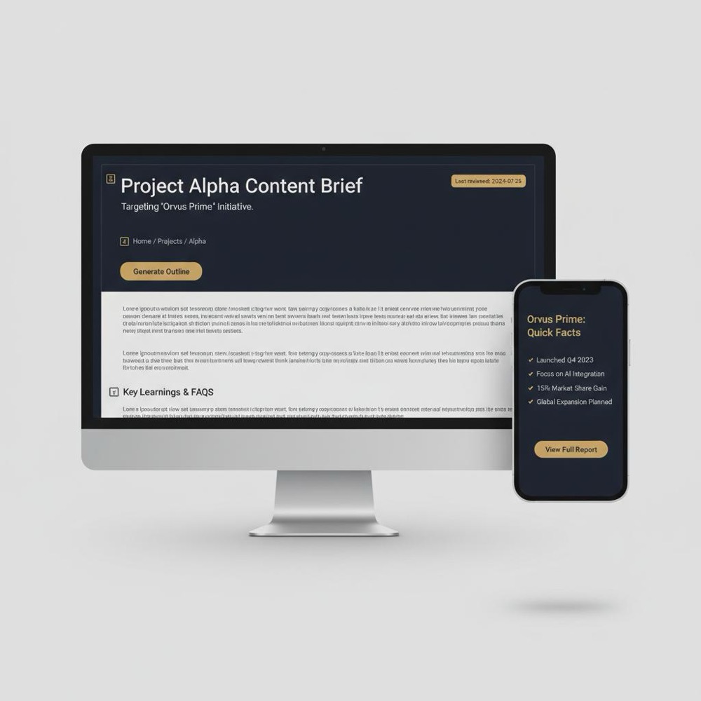 Desktop and mobile UI showing a content brief and a fact box with headings, schema icons and a visible 'last reviewed' tag in Orvus Ltd. colors - future of on-page SEO