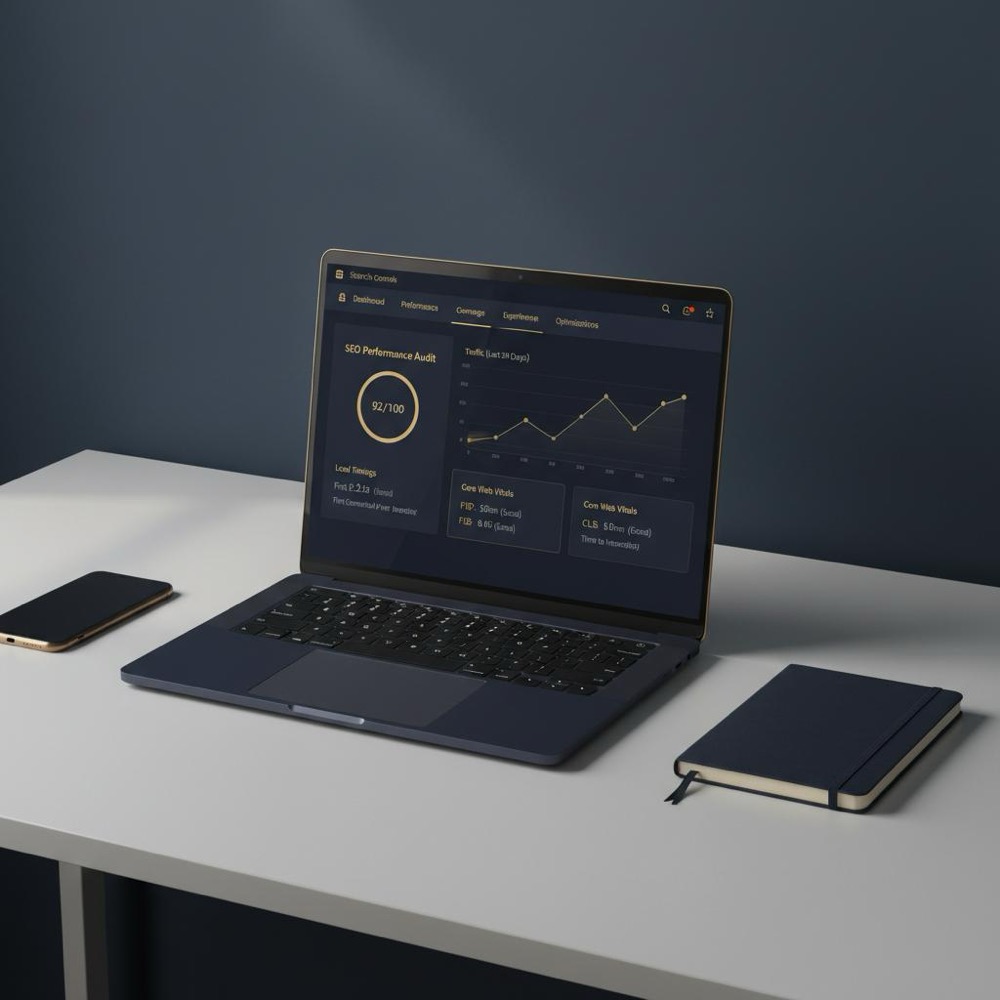 Minimalist workspace with a laptop showing a Search Console dashboard and visible SEO performance audit on a navy background with gold accents, illustrating SEO ranking insights.