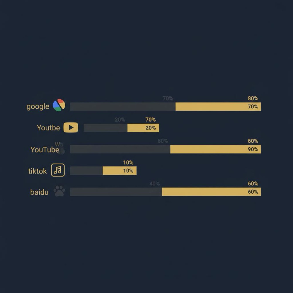 Minimal 2D vector infographic comparing web-only vs web+app attention for most visited websites worldwide with stacked bars for Google, YouTube, TikTok and Baidu on a dark navy brand background.