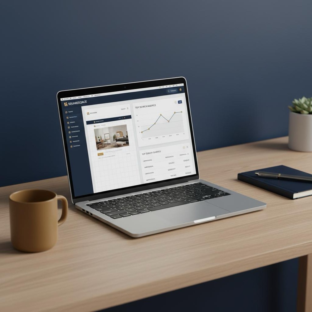 Minimalist workspace with laptop showing Squarespace editor and search analytics dashboard highlighting Squarespace SEO metrics, subtle Orvus Ltd. brand colors #0B1E33 and #C8A45D