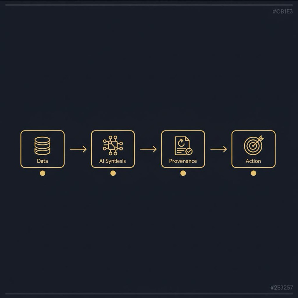 Minimal 2D vector flow infographic on #0B1E33 background showing icons for data, AI synthesis, provenance, and action connected by gold arrows - AI competitor analysis tools.