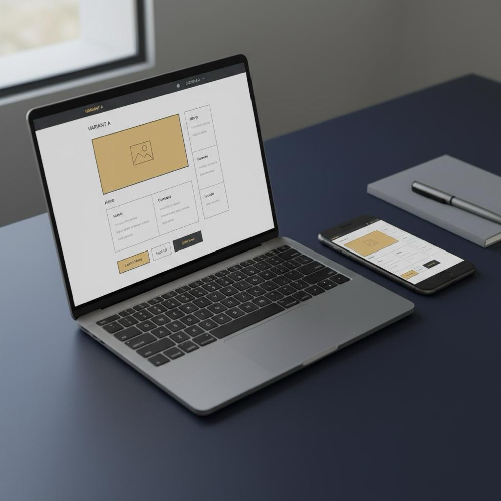 Laptop and smartphone side-by-side showing a minimalist landing page wireframe in Orvus Ltd colors on a #0B1E33 background, focused on interface details for landing page A/B testing.