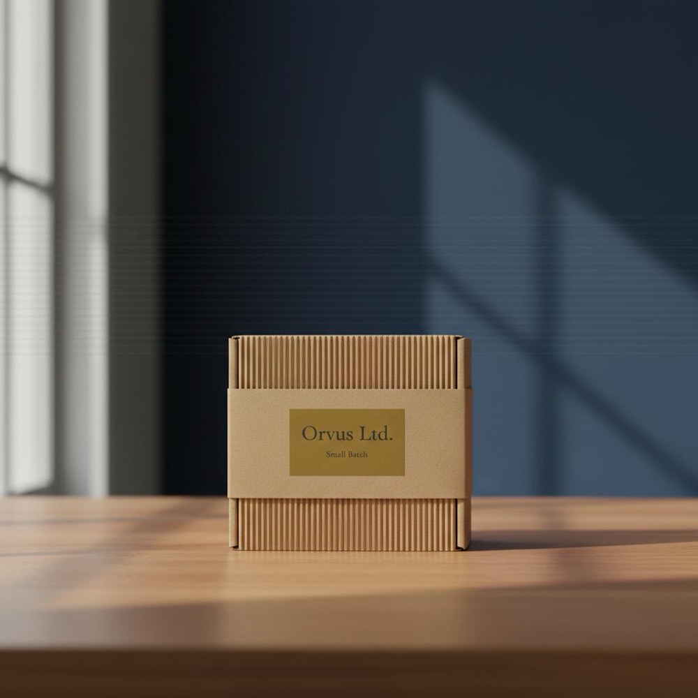 Neatly boxed small-batch product on a wooden table with corrugated box, kraft paper sleeve and subtle #C8A45D label in minimalist Orvus Ltd style - AIOSEO cost