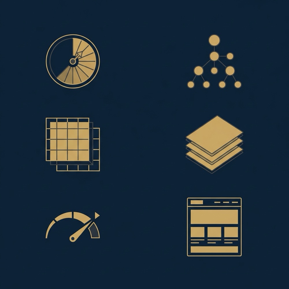 Minimal vector infographic showing Core Web Vitals icons and content architecture diagram in Orvus Ltd colors for improved search ranking