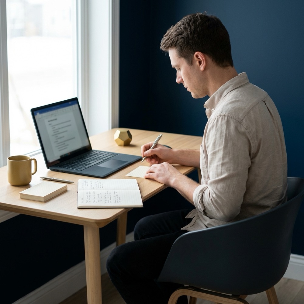 Writer drafting an outline at a minimalist desk with laptop notes and natural light for argumentative articles