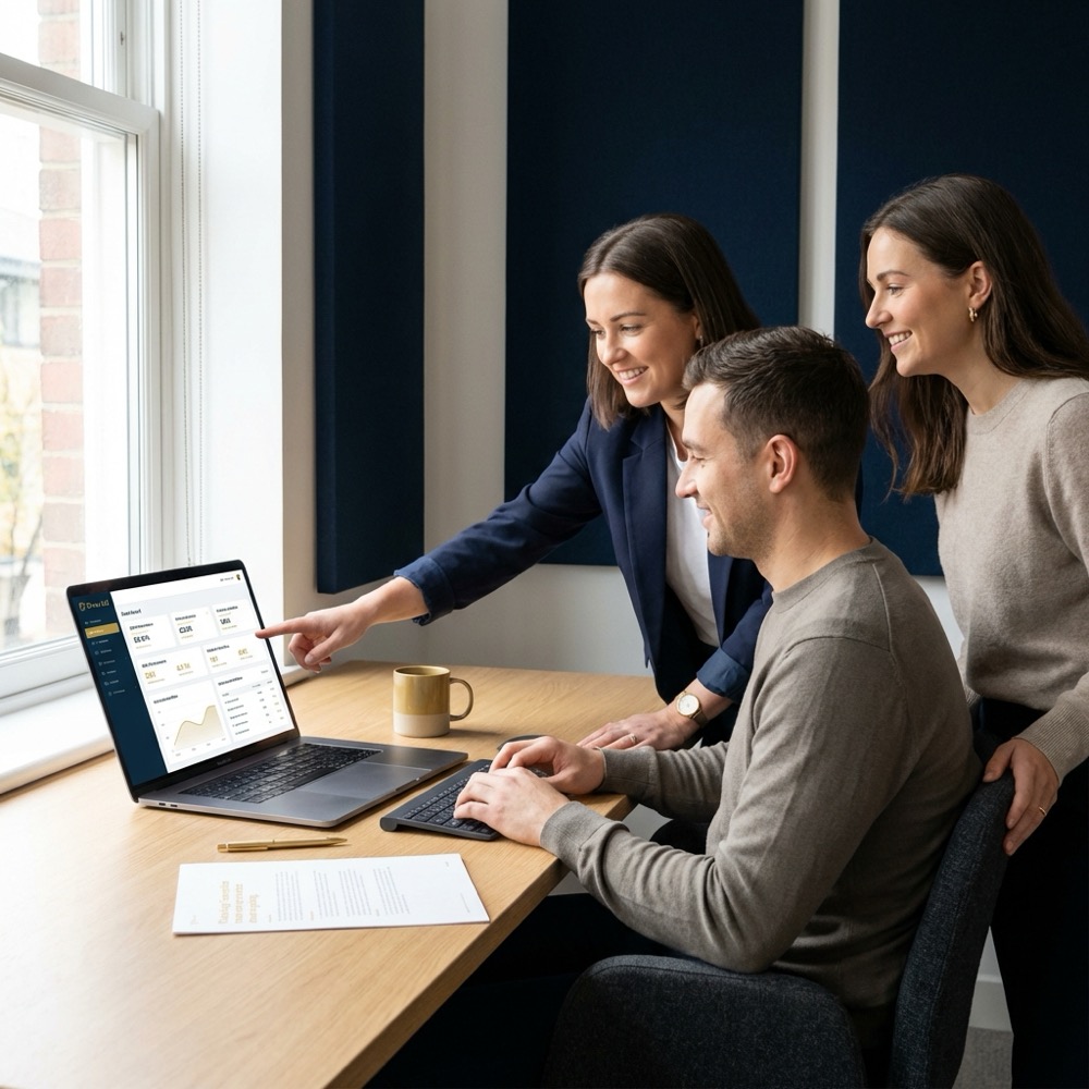 Small team reviewing SEO results on a laptop in a bright minimalist workspace with Orvus Ltd color accents yoastseo