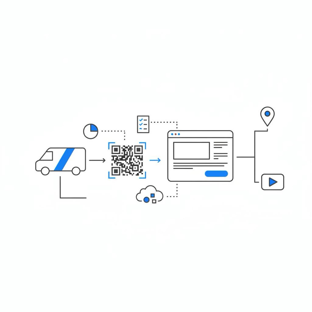 Minimal 2D vector marketing map with van, non-scannable QR-code to landing-page sketch, map pin and video play icons in Agency Visible colors - how to advertise painting services locally