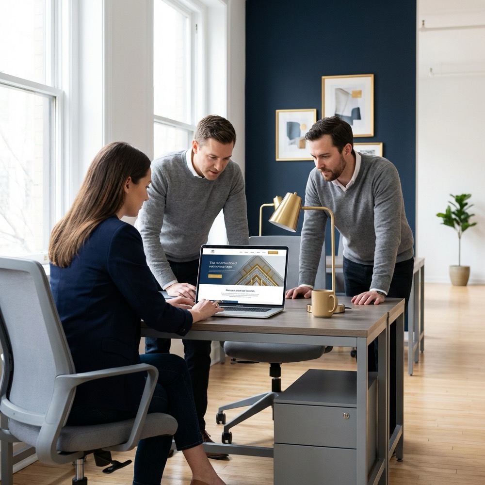 Three colleagues reviewing a simple landing page on a laptop in a clean office for google sites seo optimization meeting