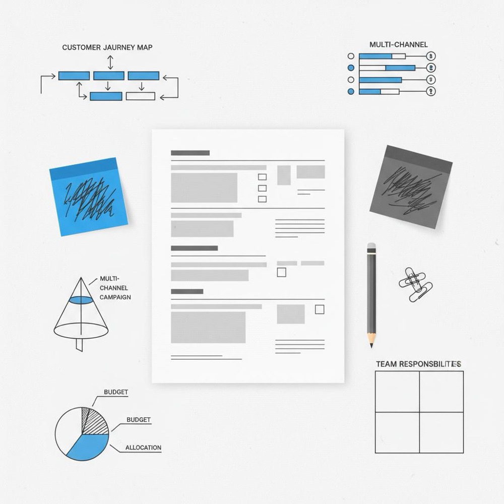 Flat-lay vector illustration of a minimalist agency brief with annotated sticky notes and strategy sketches in brand colors, conveying rapid testing for the best advertising agency.