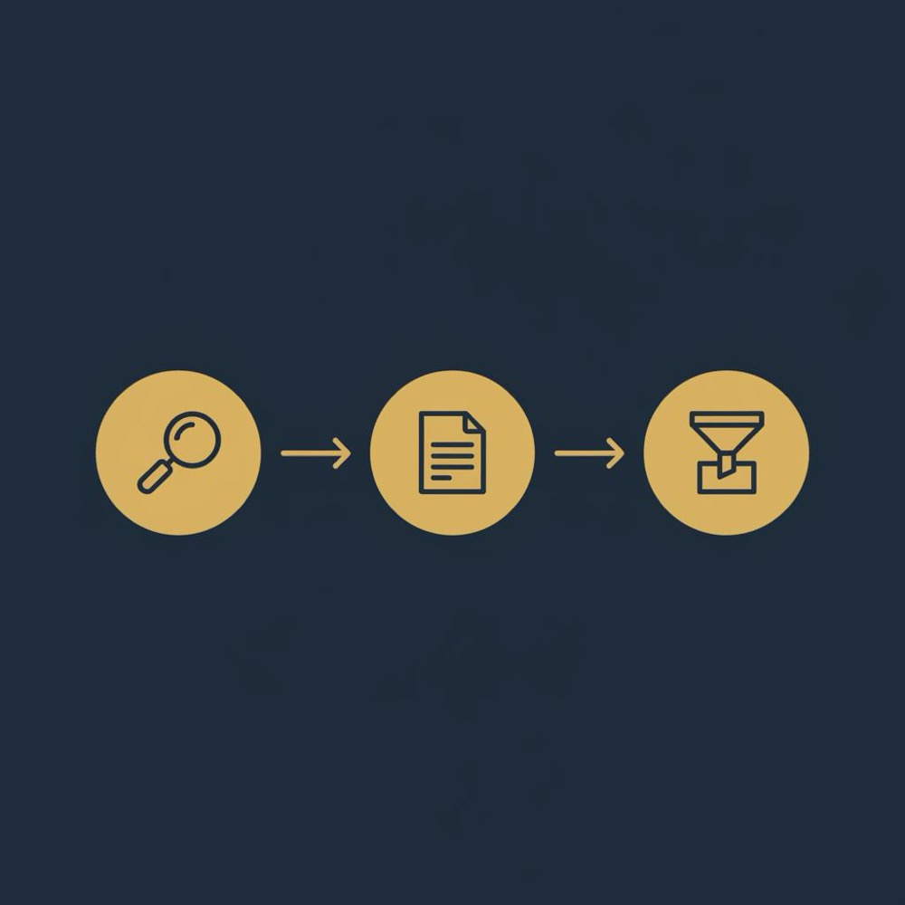 Minimal vector infographic for SEO career blog header: three connected icons representing crawl, content and convert on a navy background with gold and dark gray accents.