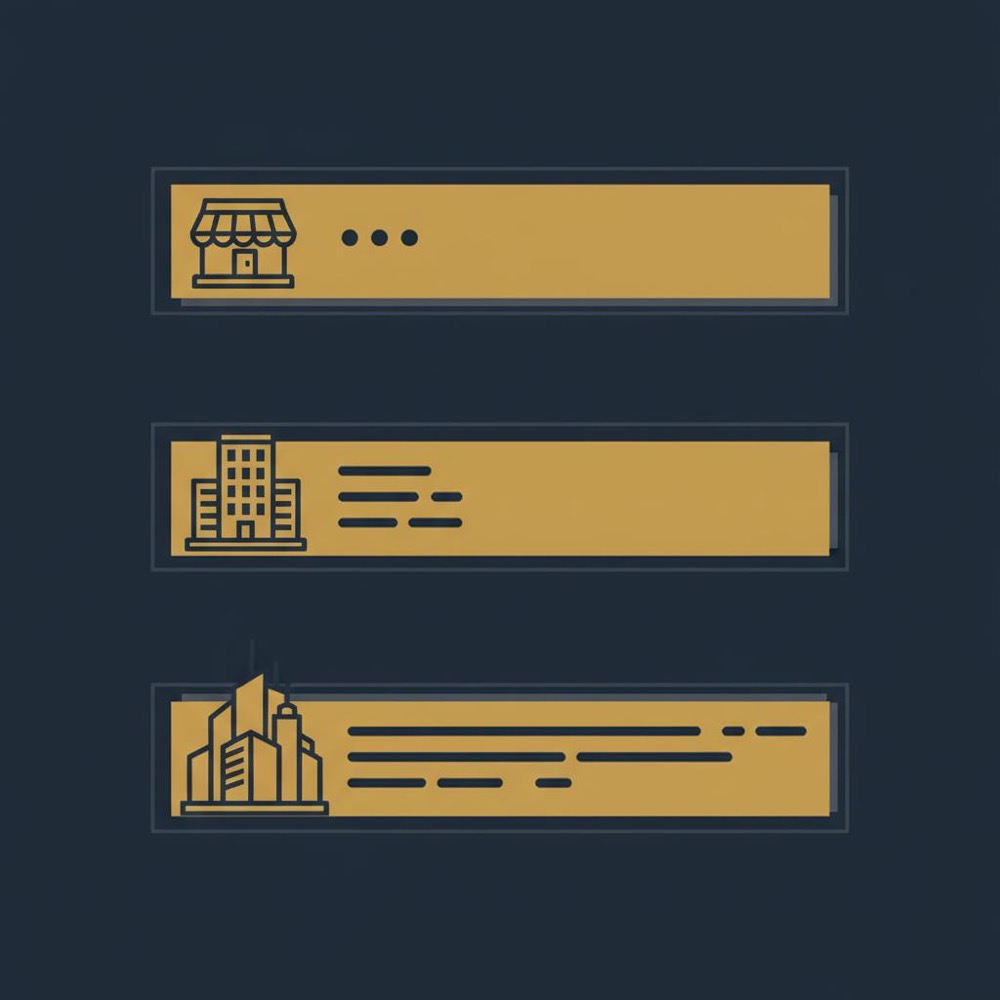 Minimalist 2D vector infographic showing three horizontal monthly budget bands with small, mid-market, and enterprise icons on a navy background - visual guide to SEO cost tiers.
