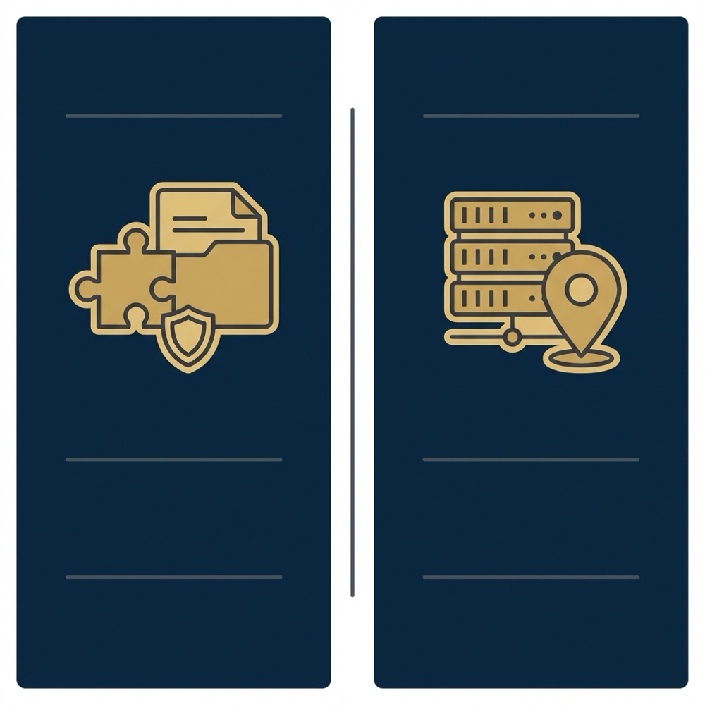 Minimal 2D vector infographic comparing plugin ownership and host data residency with simple icons magento seo